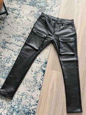 MNML Black Faux Leather Skinny Cargo Jeans